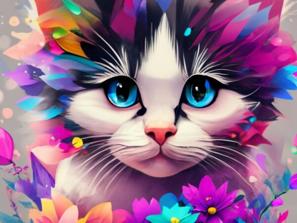 A a cute colorful black and white kitten, fantasy flower splashes, modern t-shirt design, studio ghibli style png file
