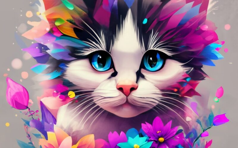 A a cute colorful black and white kitten, fantasy flower splashes, modern t-shirt design, Studio Ghibli style PNG File