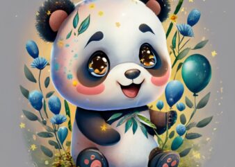 t shirt design of a watercolor cartoon style chibi panda smiling surrounded by blue wildflowers, celestial glittering stars and blue balloon