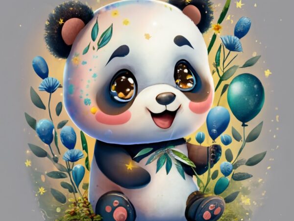 T shirt design of a watercolor cartoon style chibi panda smiling surrounded by blue wildflowers, celestial glittering stars and blue balloon