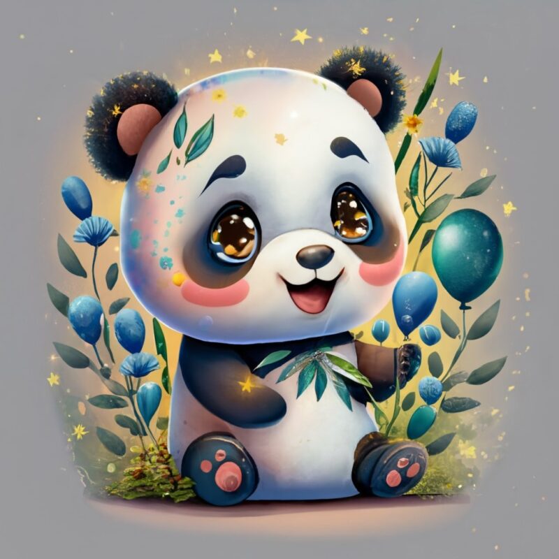 t shirt design of a watercolor cartoon style chibi panda smiling surrounded by blue wildflowers, celestial glittering stars and blue balloon