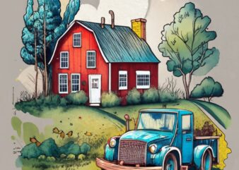 A t shirt design of a watercolor cartoon style red farm house with a blue farm blue truck in front of the farm PNG File