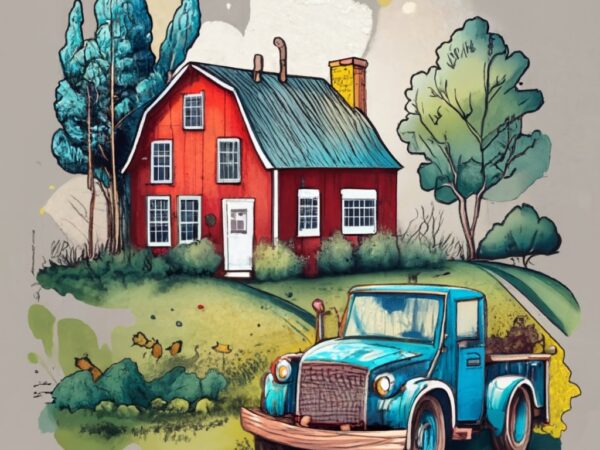 A t shirt design of a watercolor cartoon style red farm house with a blue farm blue truck in front of the farm png file A t shirt design of a watercolor cartoon style red farm house with a blue farm blue truck in front of the farm png file