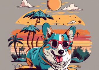 t-shirt design of a Dusk with Sun and sunset with corgi in vintage style, light colors and white background PNG File