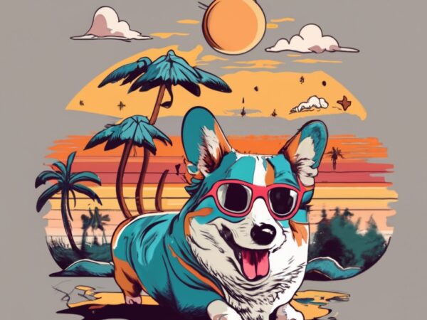 T-shirt design of a dusk with sun and sunset with corgi in vintage style, light colors and white background png file