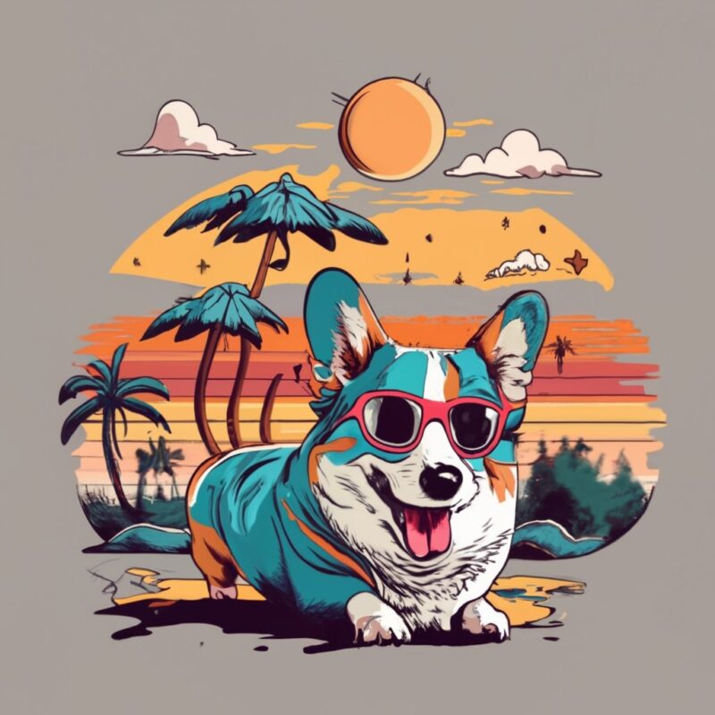 t-shirt design of a Dusk with Sun and sunset with corgi in vintage style, light colors and white background PNG File