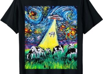 Alien Abduction Cows UFO Starry Night Funny Art by Aja T-Shirt