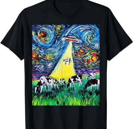 Alien abduction cows ufo starry night funny art by aja t-shirt