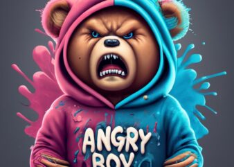 Angry teddy bear wearing hoodie,splash paint,t-shirt design,write angry boy PNG File