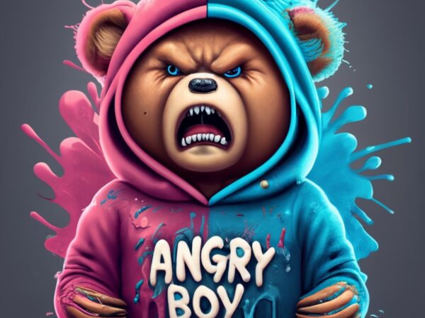 Angry teddy bear wearing hoodie,splash paint,t-shirt design,write angry boy png file