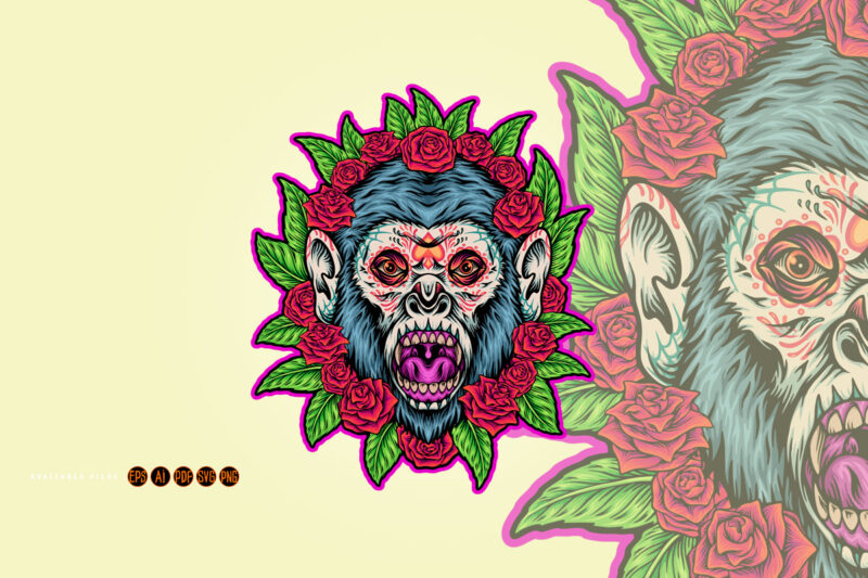 Haunted monkey sugar skull floral horror