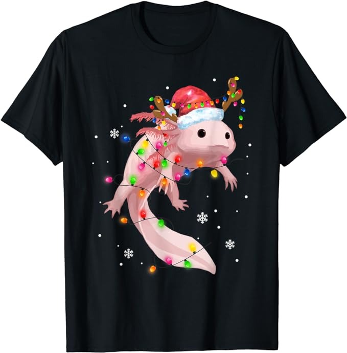 Axolotl Christmas Lights Funny Santa Hat Merry Christmas T-Shirt