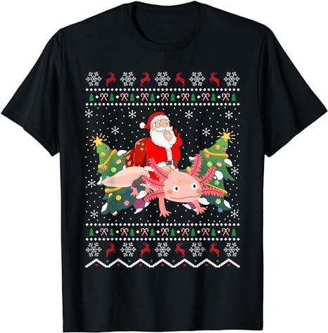 Axolotl Lover Gift Ugly Santa Riding Axolotl Christmas T-Shirt