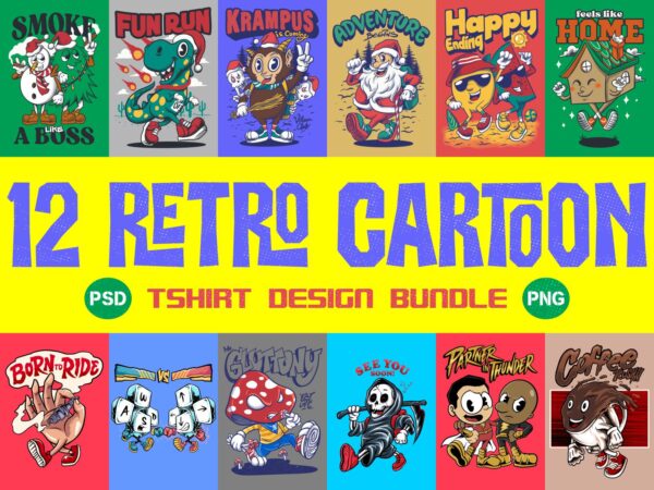 12 retro cartoon tshirt design bundle illustration