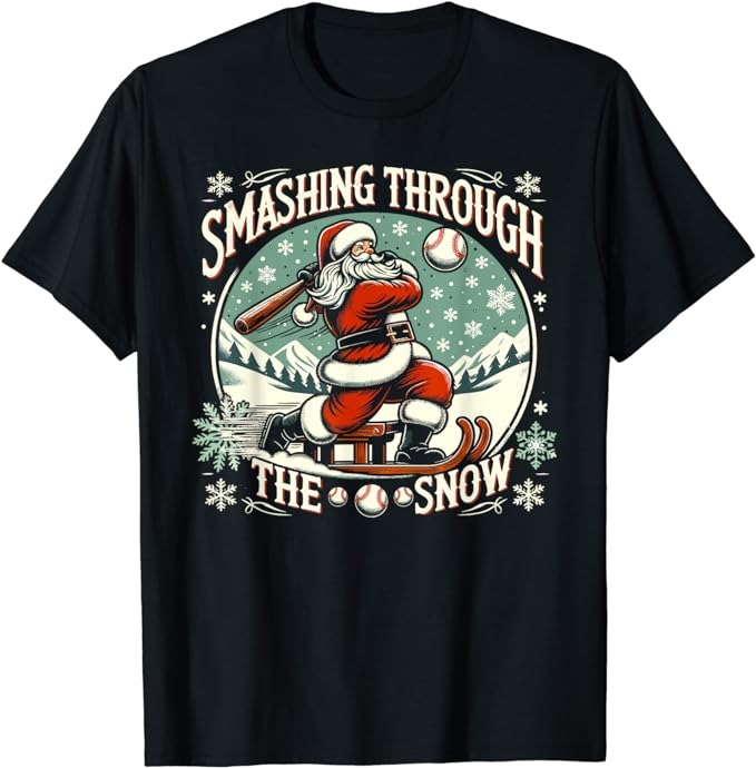 Baseball Player Christmas Santa, Smashing Through The Snow T-Shirt PNG File