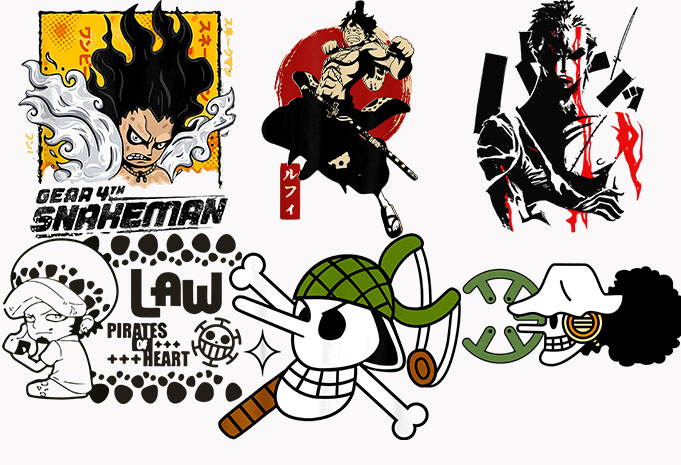 Best selling 25 design anime bundles One Piece straw hat pirates luffy Tshirt Design Bundle