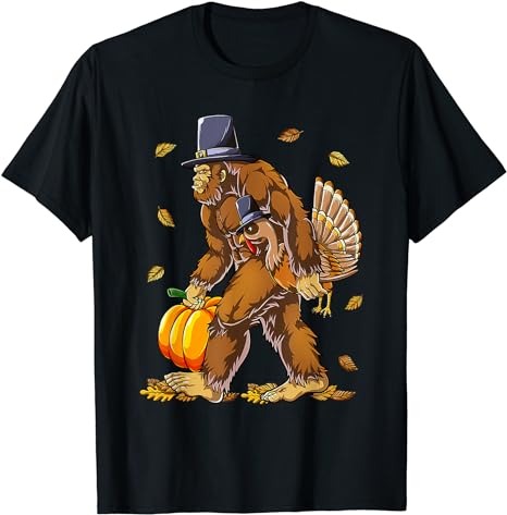 Bigfoot Turkey Pumpkin Thanksgiving Day Boys Men T-Shirt