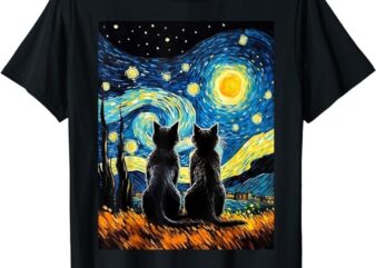 Black Cats Lover Starry Night Vincent van Gogh T-Shirt PNG File