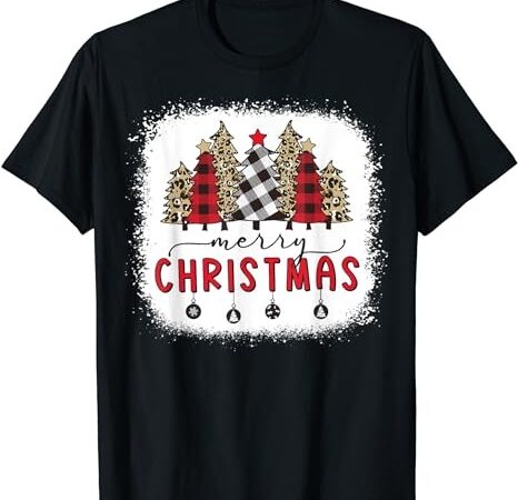 Bleached merry christmas tree funny leopard plaid print xmas t-shirt