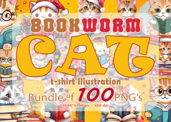 Discover our 100 charming Book Worm Cat Clipart Illustration Bundle, curated specifically for Print on Demand websites t shirt vector illustration