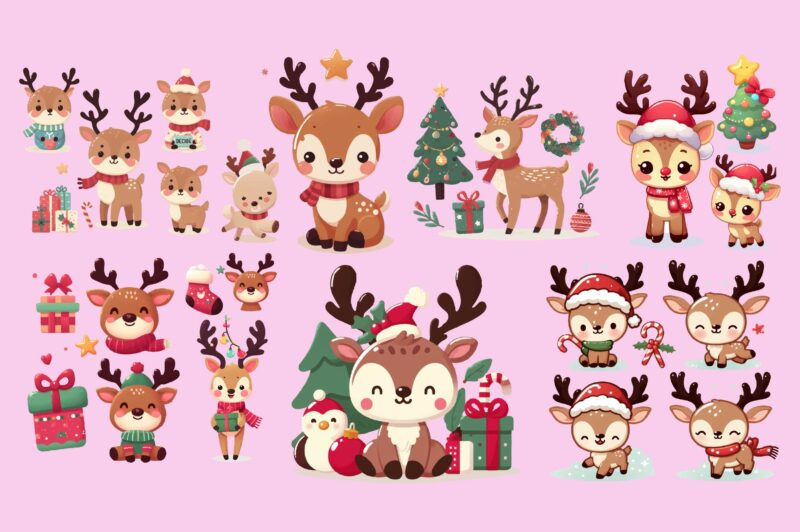Cute Christmas Reindeer PNG Clipart Bundle