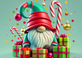 CANDY Tshirt design of a cute cartoon style christmas gnome sitting amongst wrapped presents for t-shirt design PNG File