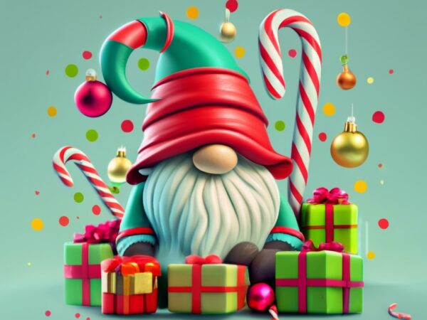 Candy tshirt design of a cute cartoon style christmas gnome sitting amongst wrapped presents for t-shirt design png file