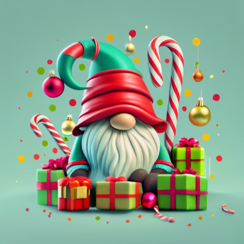 CANDY Tshirt design of a cute cartoon style christmas gnome sitting amongst wrapped presents for t-shirt design PNG File