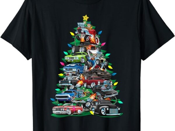 Car madness christmas tree! classic muscle cars and hotrods t-shirt