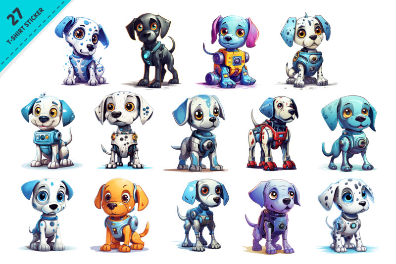 Cartoon dog robots. T-Shirt, Sticker.