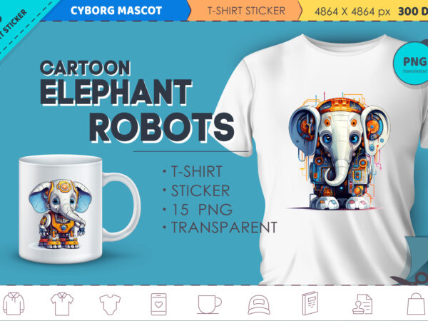 Cartoon elephant robots. t-shirt, sticker.