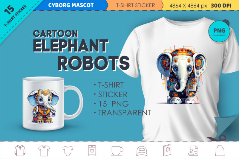 Cartoon elephant robots. T-Shirt, Sticker.