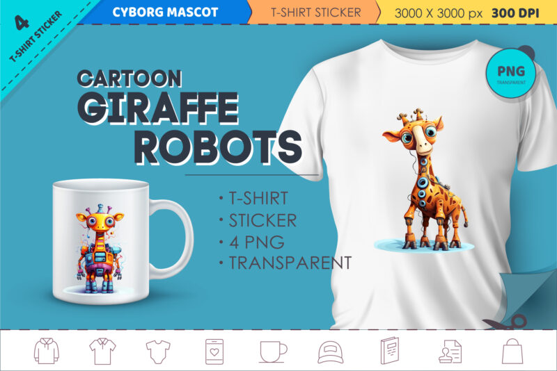 Cartoon giraffe robots. T-Shirt, Sticker.