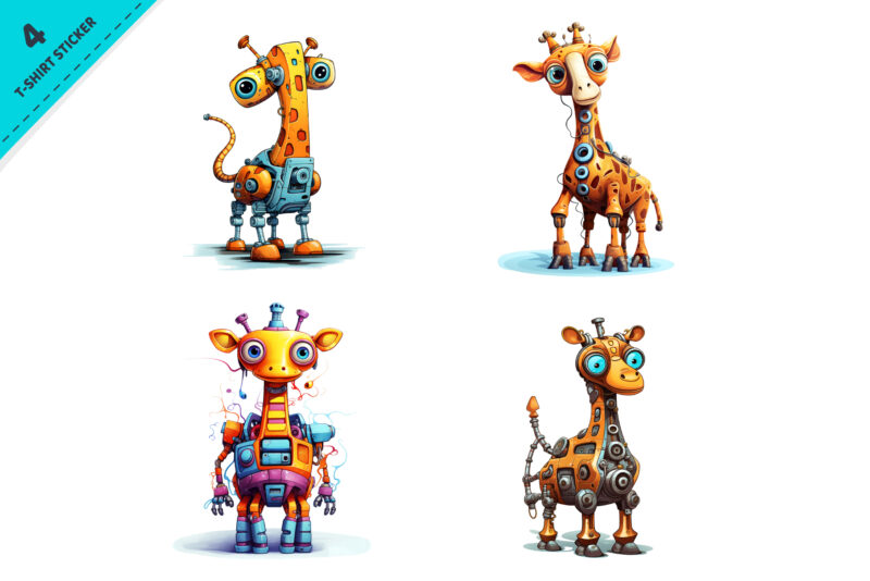 Cartoon giraffe robots. T-Shirt, Sticker.