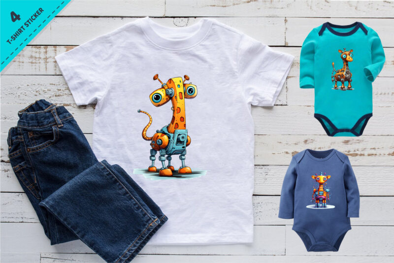 Cartoon giraffe robots. T-Shirt, Sticker.