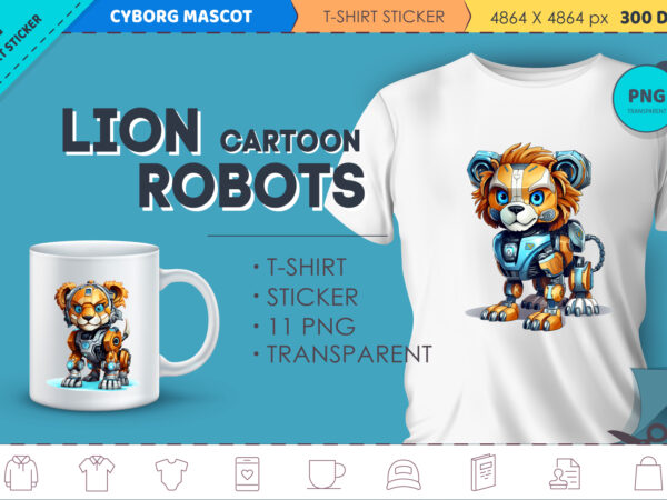 Cartoon lion robots. t-shirt, sticker.