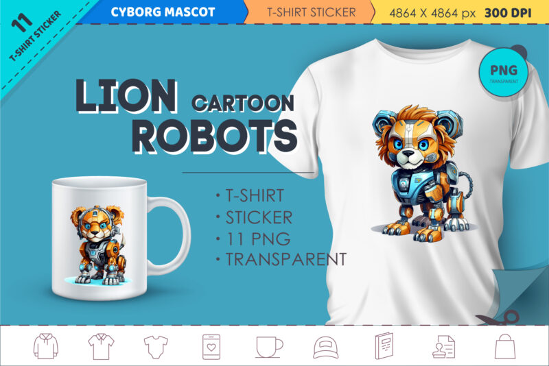 Cartoon lion robots. T-Shirt, Sticker.