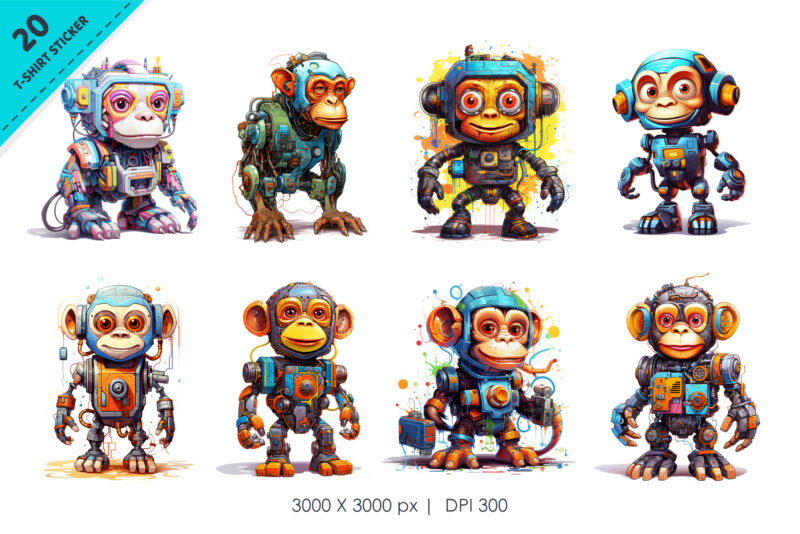 Cartoon monkey robots. T-Shirt, Sticker.