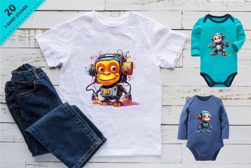 Cartoon monkey robots. T-Shirt, Sticker.