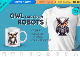 Cartoon owl robots. T-Shirt, Sticker.