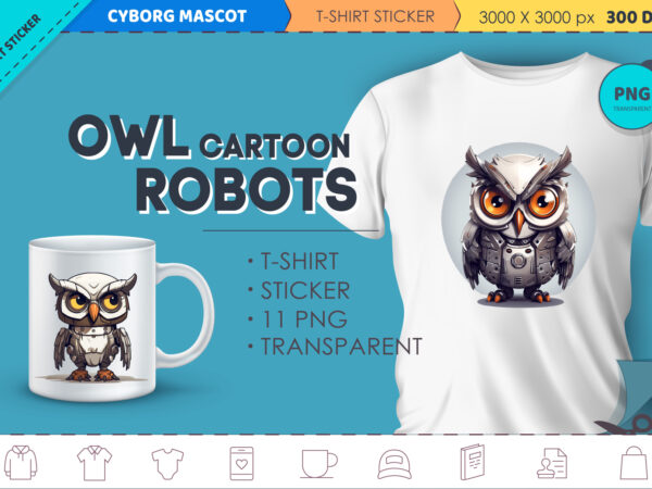 Cartoon owl robots. t-shirt, sticker.