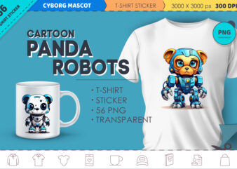 Cartoon panda robots. T-Shirt, Sticker.