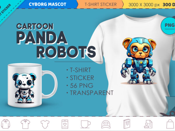 Cartoon panda robots. t-shirt, sticker.