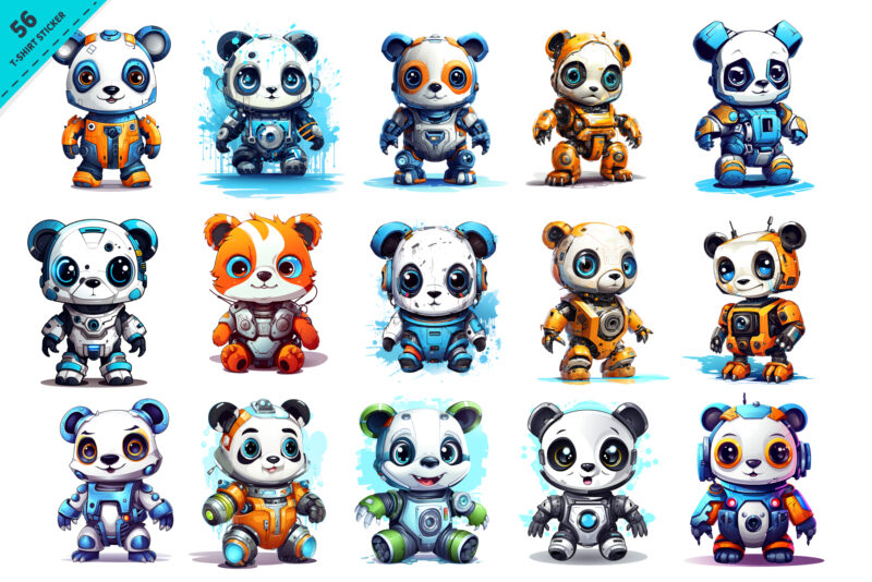 Cartoon panda robots. T-Shirt, Sticker.