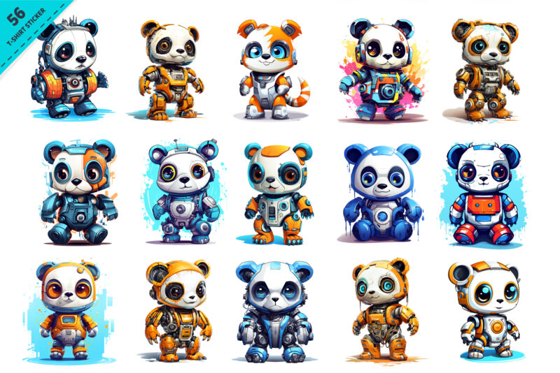 Cartoon panda robots. T-Shirt, Sticker.