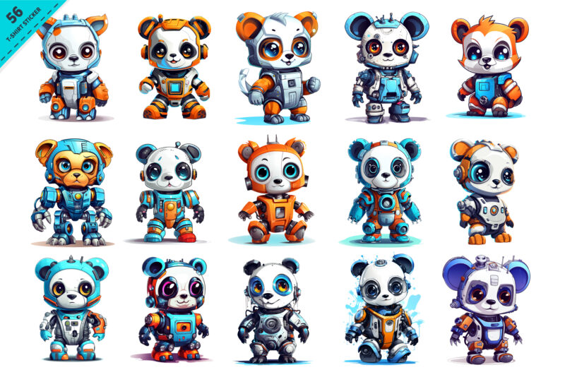 Cartoon panda robots. T-Shirt, Sticker.