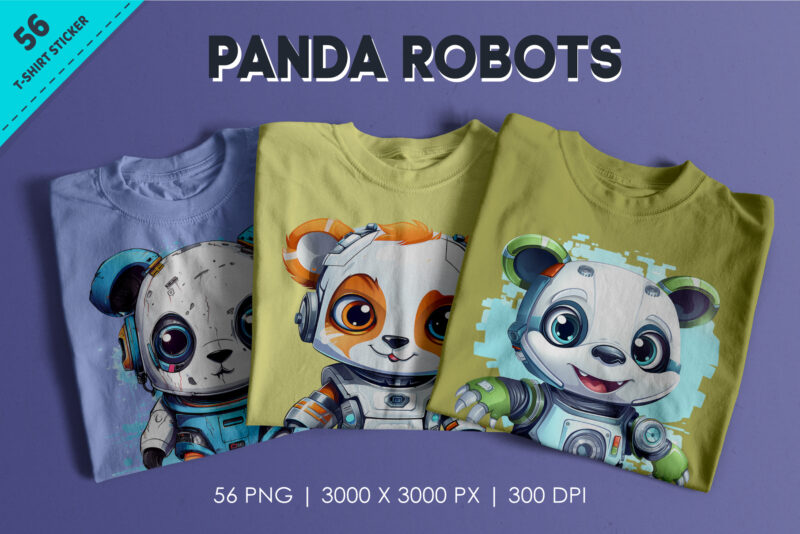 Cartoon panda robots. T-Shirt, Sticker.