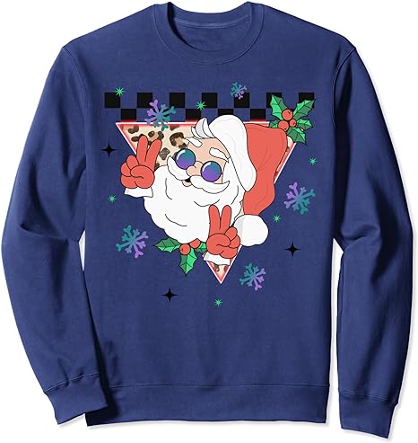 Christmas Cutes Santa Claus Groovy Vibes Peace Sign Leopard Sweatshirt