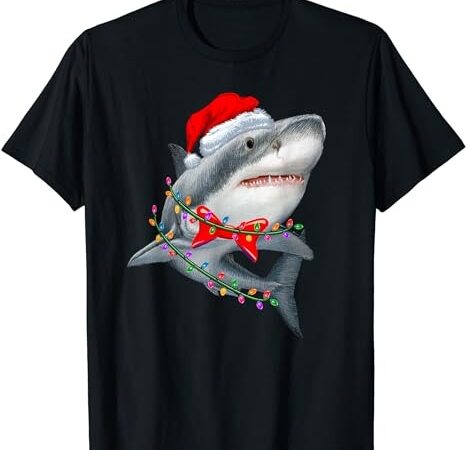 Christmas lights shark wearing xmas hat – cute shark lover t-shirt