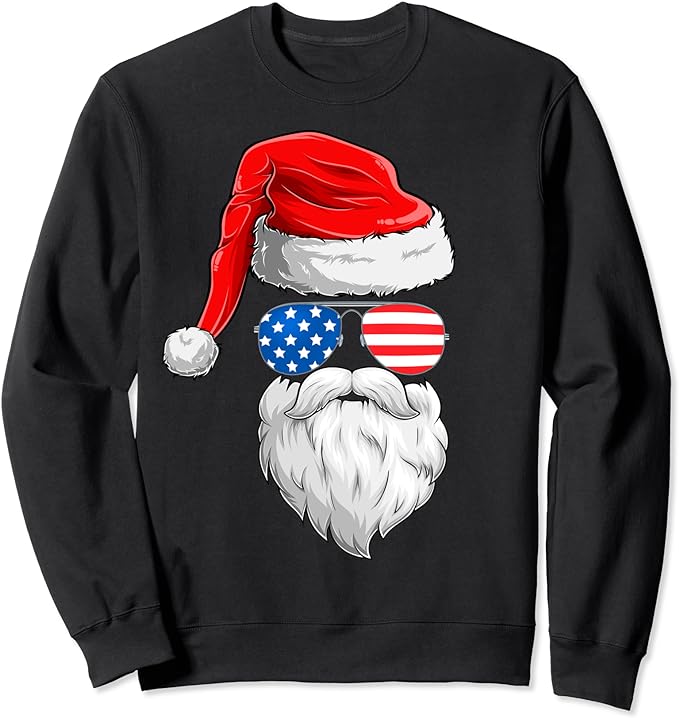 Christmas Santa Claus Face US Flag Sunglasses with Hat Beard Sweatshirt